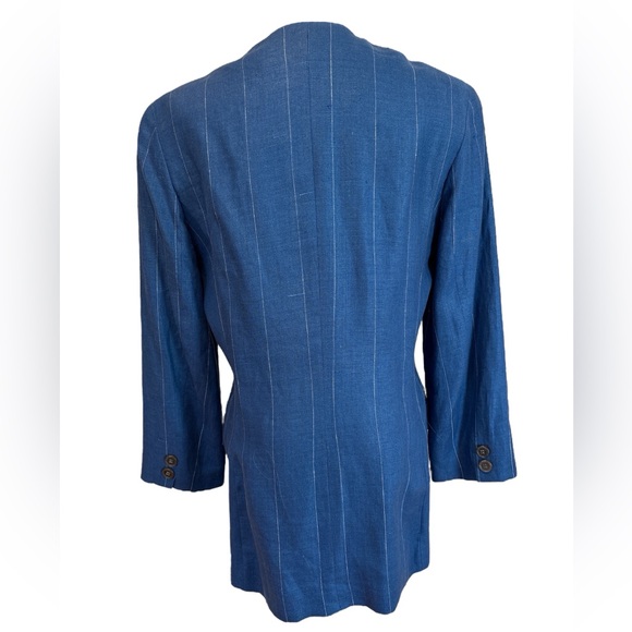 80s DIOR BLUE LINEN PINSTRIPE LUXURY BOXY DOUBLE BREASTED COLLARLESS BLAZER SZ 6 - Picture 5 of 9